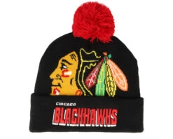 Chicago Blackhawks Punch Out Knit Black Pom - Mitchell & Ness