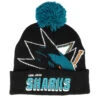 San Jose Sharks Punch Out Knit Black Pom - Mitchell & Ness