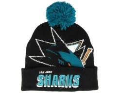 San Jose Sharks Punch Out Knit Black Pom - Mitchell & Ness