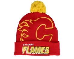 Calgary Flames Punch Out Knit Red Pom - Mitchell & Ness